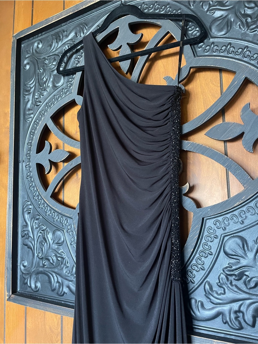 One-Shoulder Black Evening Dress with Beaded Side Detail